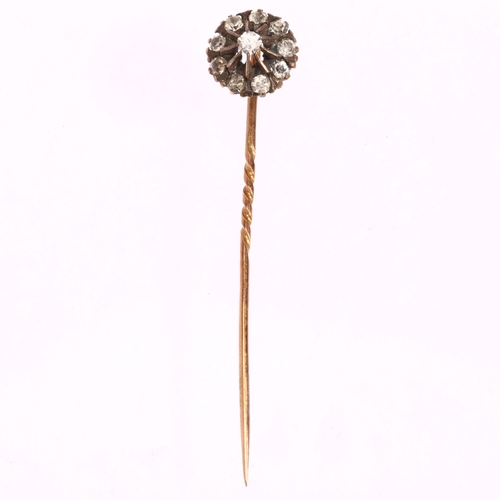 1202 - A Victorian paste cluster stickpin, unmarked gold and silver settings, head 11.8mm, overall 59.3mm, ... 