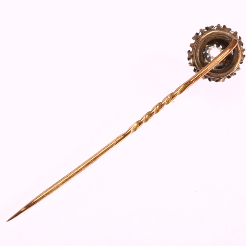 1202 - A Victorian paste cluster stickpin, unmarked gold and silver settings, head 11.8mm, overall 59.3mm, ... 