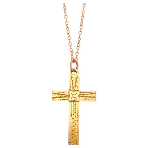 1203 - An early 20th century 9ct gold cross pendant necklace, on 9ct fine belcher link chain, pendant heigh... 