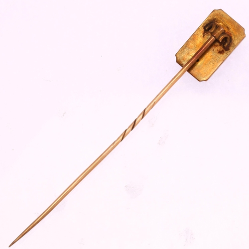 1205 - A Victorian Aesthetic Movement bird stickpin, unmarked gold settings, head height 17.9mm, overall 81... 