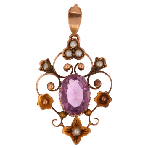 1207 - An Edwardian 9ct rose gold amethyst and pearl openwork pendant, height 36.4mm, 2.1g