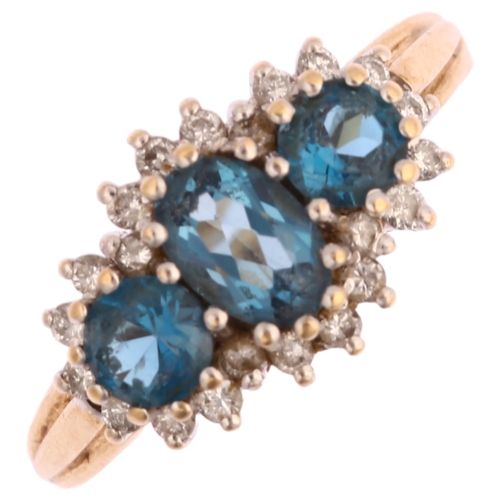 1208 - A modern 9ct gold blue topaz and diamond triple cluster ring, setting height 9.6mm, size K, 3.1g