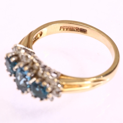 1208 - A modern 9ct gold blue topaz and diamond triple cluster ring, setting height 9.6mm, size K, 3.1g