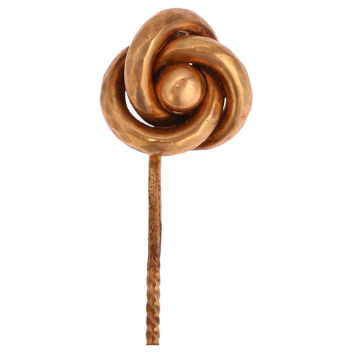 1209 - A Victorian knot stickpin, unmarked gold settings, head height 12.8mm, overall 69mm, 2.3g