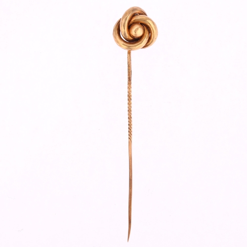 1209 - A Victorian knot stickpin, unmarked gold settings, head height 12.8mm, overall 69mm, 2.3g