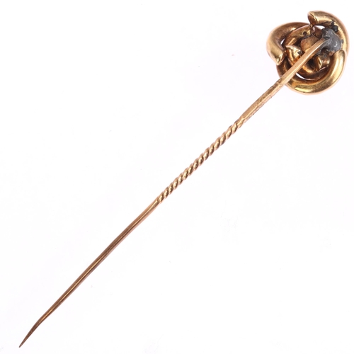 1209 - A Victorian knot stickpin, unmarked gold settings, head height 12.8mm, overall 69mm, 2.3g