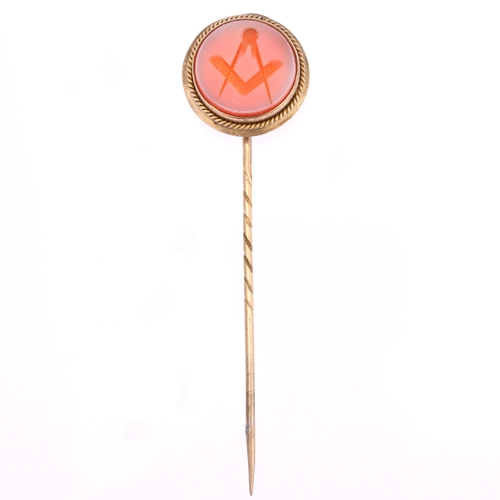 1210 - A Victorian sardonyx Masonic intaglio seal stickpin, unmarked yellow metal settings, head diameter 1... 