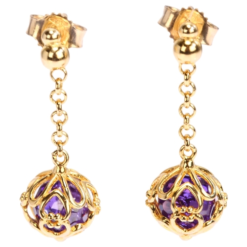 1211 - A pair of 9ct gold stone set ball drop earrings, with stud fittings, height 28.4mm, 4.7g