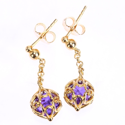 1211 - A pair of 9ct gold stone set ball drop earrings, with stud fittings, height 28.4mm, 4.7g