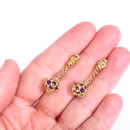 1211 - A pair of 9ct gold stone set ball drop earrings, with stud fittings, height 28.4mm, 4.7g