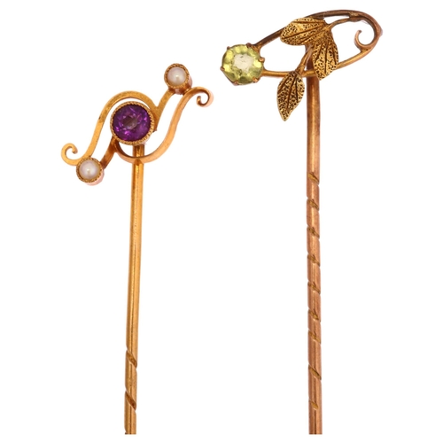 1213 - 2 Edwardian Art Nouveau stickpins, comprising 15ct amethyst and pearl, and 9ct peridot, largest over... 