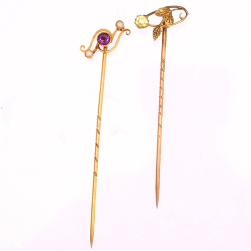 1213 - 2 Edwardian Art Nouveau stickpins, comprising 15ct amethyst and pearl, and 9ct peridot, largest over... 