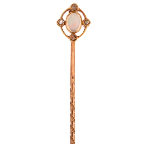 1214 - An Edwardian 15ct gold opal and diamond openwork stickpin, set with oval cabochon opal and rose-cut ... 