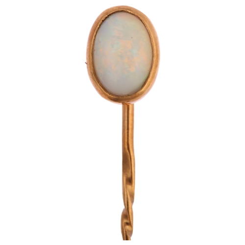 1215 - An opal stickpin, unmarked gold settings with oval cabochon opal, head height 9.9mm, overall 55mm, 1... 