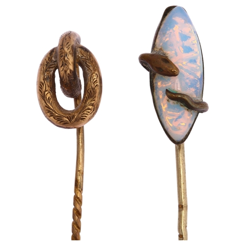 1216 - 2 Antique stickpins, comprising brass and opaline glass snake example, and unmarked yellow metal hoo... 