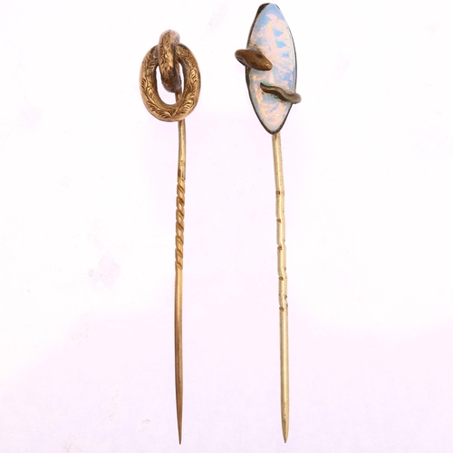 1216 - 2 Antique stickpins, comprising brass and opaline glass snake example, and unmarked yellow metal hoo... 