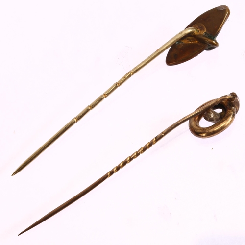 1216 - 2 Antique stickpins, comprising brass and opaline glass snake example, and unmarked yellow metal hoo... 