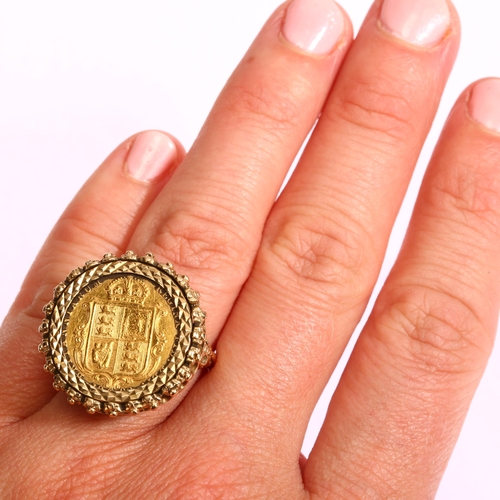 1219 - A Queen Victorian 1892 gold half sovereign coin, in 9ct gold ring mount, Jubilee head, setting diame... 