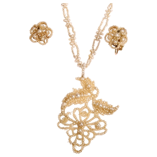 1235 - A Victorian seed pearl and mother-of-pearl openwork pendant necklace and pair of earrings set, with ... 