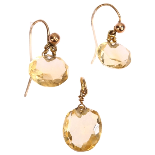 1242 - An Antique citrine pendant and earring set, with unmarked gold mounts, pendant height 18.9mm, earrin... 