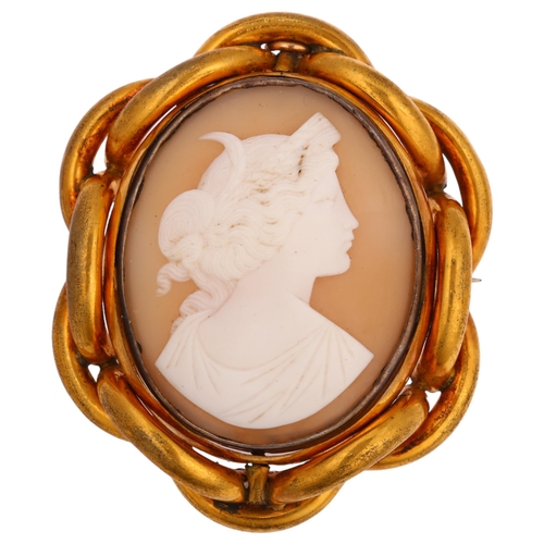 1244 - A Victorian shell cameo brooch, relief carved depicting Selene, Greek Goddess of the moon, in gilt-m... 