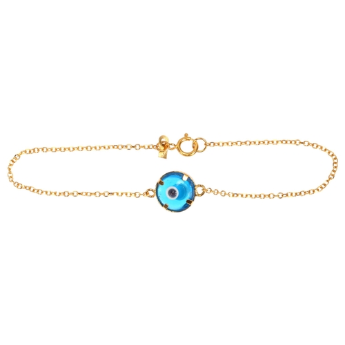 1249 - A modern 14ct gold blue glass 'Evil Eye' bracelet, length 16cm, 1.2g