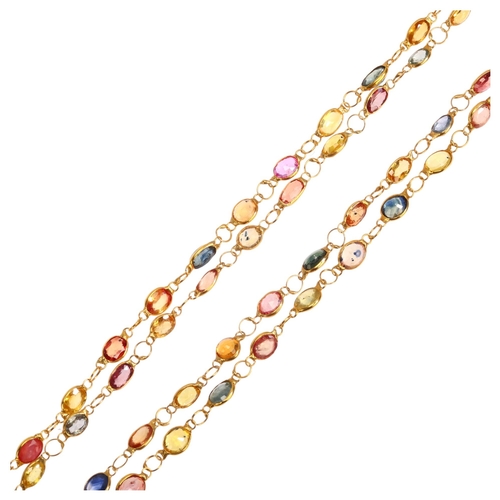 1251 - A 14ct gold vari-hue sapphire line necklace, set with round and oval mixed-cut sapphires, necklace l... 