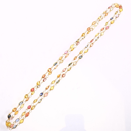 1251 - A 14ct gold vari-hue sapphire line necklace, set with round and oval mixed-cut sapphires, necklace l... 