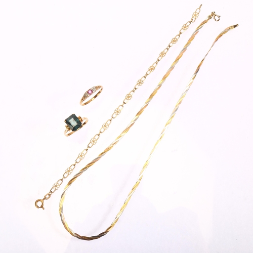 1268 - Various gold jewellery, comprising 9ct necklace ring and bracelet, 6.6g gross, and unmarked green pa... 