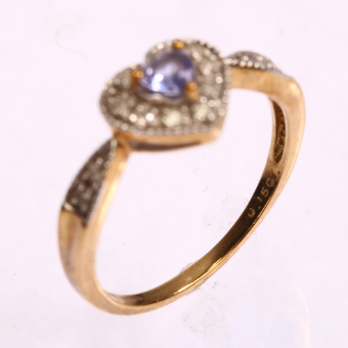 1274 - A modern 9ct gold tanzanite and diamond heart cluster ring, set with heart-cut tanzanite and modern ... 