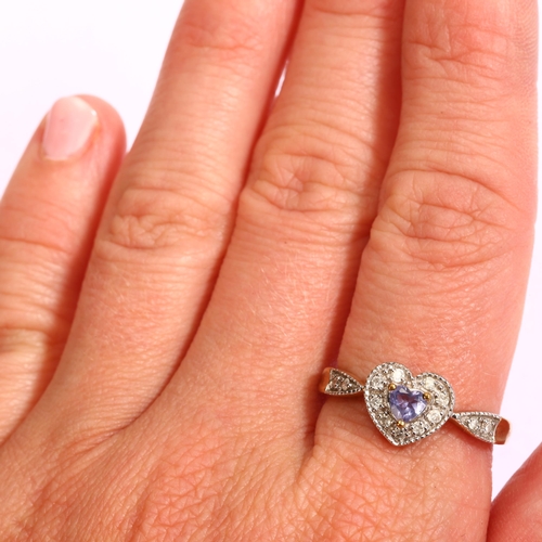 1274 - A modern 9ct gold tanzanite and diamond heart cluster ring, set with heart-cut tanzanite and modern ... 