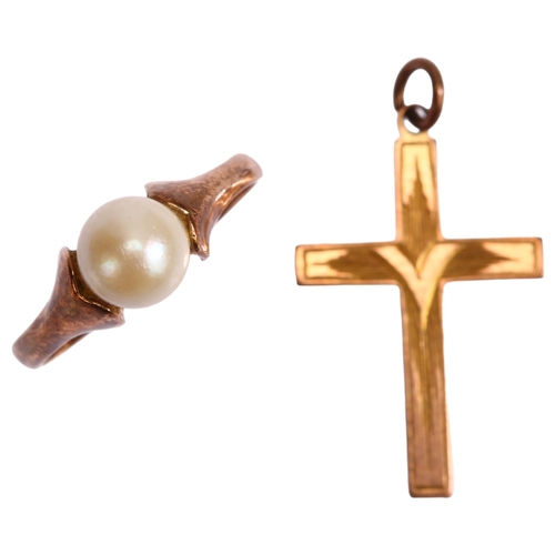 1276 - A 9ct gold cultured pearl ring, and 9ct cross pendant, ring size M, 3.6g total (2)