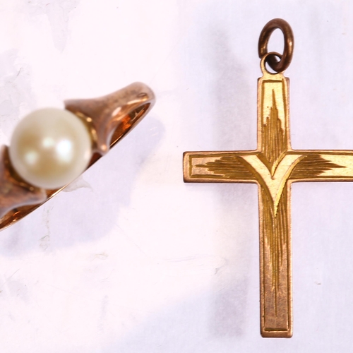 1276 - A 9ct gold cultured pearl ring, and 9ct cross pendant, ring size M, 3.6g total (2)