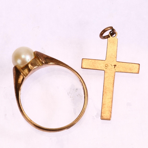 1276 - A 9ct gold cultured pearl ring, and 9ct cross pendant, ring size M, 3.6g total (2)