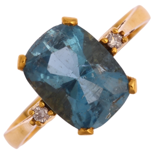 1277 - A 14ct gold aquamarine and diamond ring, set with cushion-cut aquamarine and modern round brilliant-... 