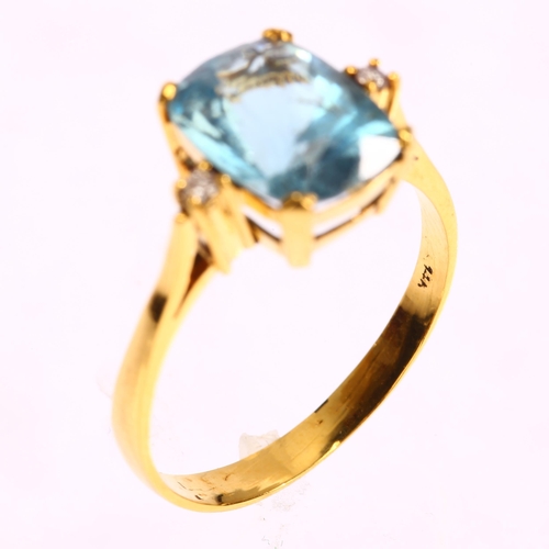 1277 - A 14ct gold aquamarine and diamond ring, set with cushion-cut aquamarine and modern round brilliant-... 