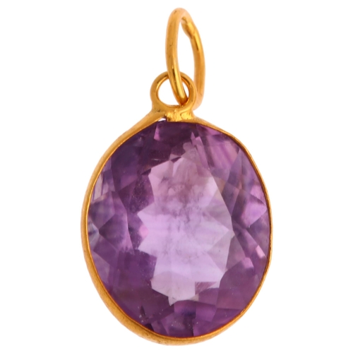 1278 - A 14ct gold solitaire amethyst pendant, bezel set with oval mixed-cut amethyst, height 17.3mm, 0.8g