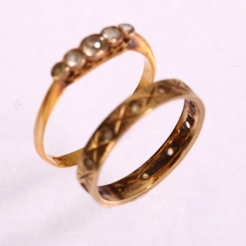 1280 - An 18ct gold graduated five stone paste half hoop ring, size M, 1.5g, and a 9ct paste eternity ring,... 