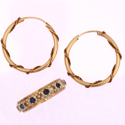 1281 - Various jewellery, comprising pair of unmarked gold hoop earrings, 1g, and a sapphire eternity ring,... 