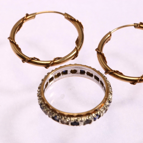 1281 - Various jewellery, comprising pair of unmarked gold hoop earrings, 1g, and a sapphire eternity ring,... 