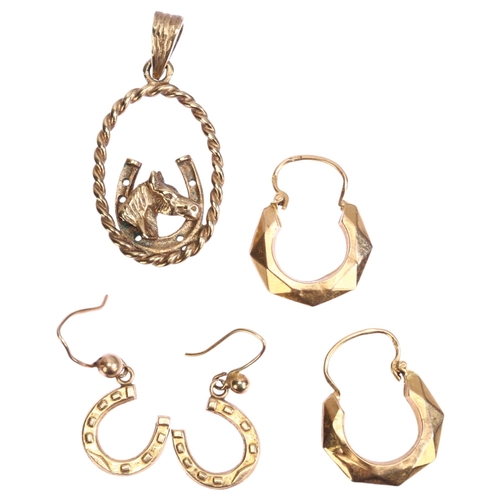 1282 - Various 9ct gold jewellery, including horseshoe set, pendant height 34mm, 5.9g total (3)