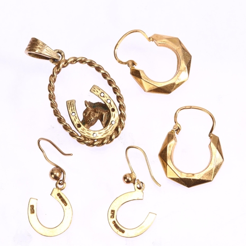 1282 - Various 9ct gold jewellery, including horseshoe set, pendant height 34mm, 5.9g total (3)