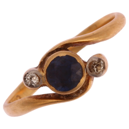 1283 - An 18ct gold three stone sapphire and diamond crossover ring, setting height 6.3mm, size I, 2g