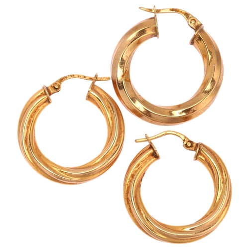 1284 - A pair of 9ct gold twisted hoop earrings, and another single example, pair diameter 22.4mm, 2.8g tot... 