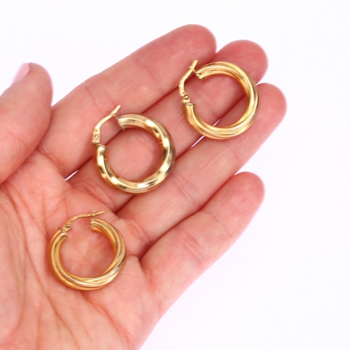 1284 - A pair of 9ct gold twisted hoop earrings, and another single example, pair diameter 22.4mm, 2.8g tot... 