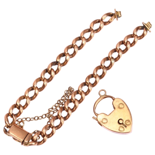 1285 - A 9ct gold heart padlock clasp, and unmarked curb link chain (A/F), 5.8g total (2)