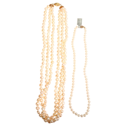 1288 - A triple-strand cultured pearl bead necklace, with 18ct barrel clasp, length 50cm, and a single-stra... 