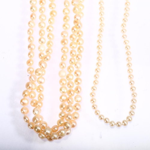 1288 - A triple-strand cultured pearl bead necklace, with 18ct barrel clasp, length 50cm, and a single-stra... 