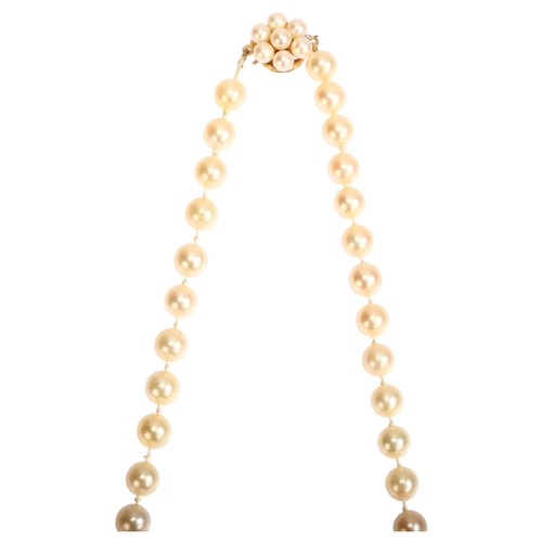 1290 - A single-strand cultured pearl bead necklace, with 9ct pearl flowerhead cluster clasp, length 52cm, ... 