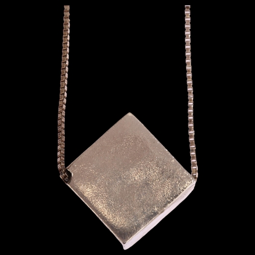 1295 - A Danish silver cube design pendant with sterling silver box link chain, cube marked 925, cube 15mm ... 